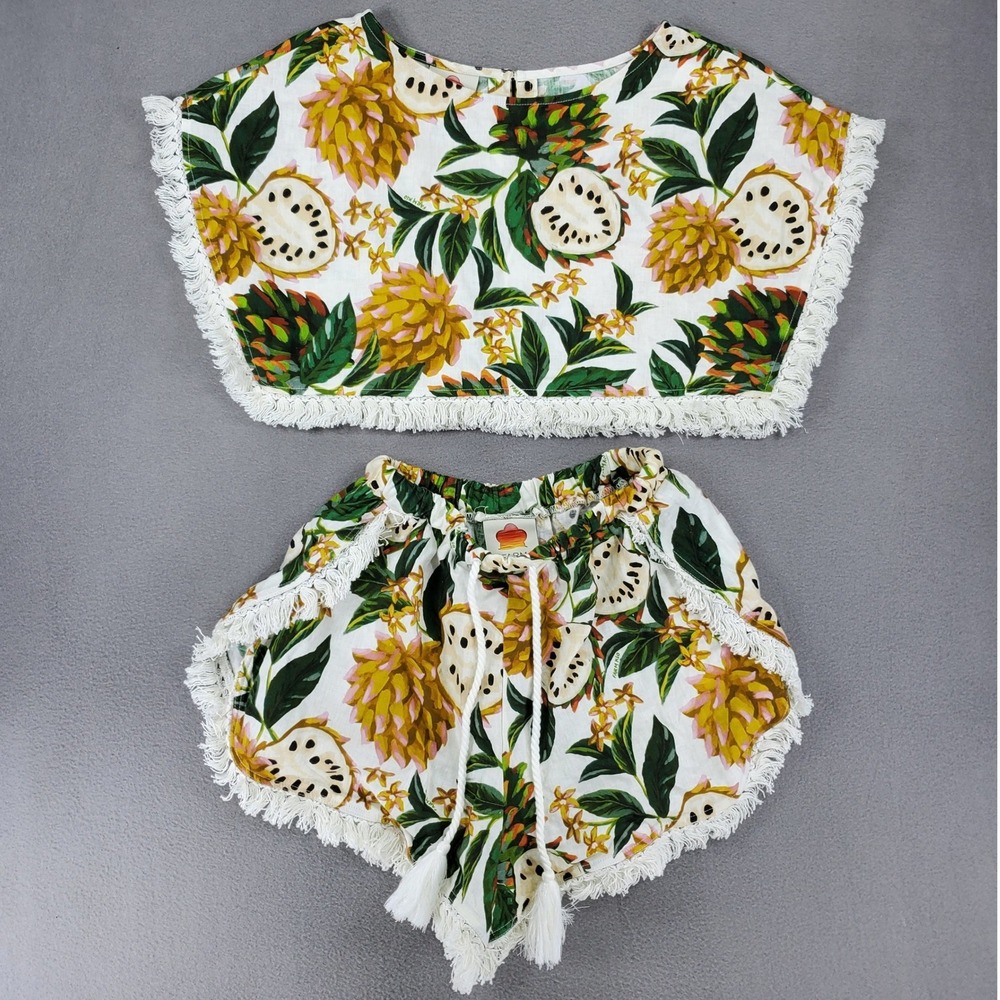 Farm Rio Two Piece Set Women‎ XS White Tropical Fruit Linen Blend Fringe Boho
